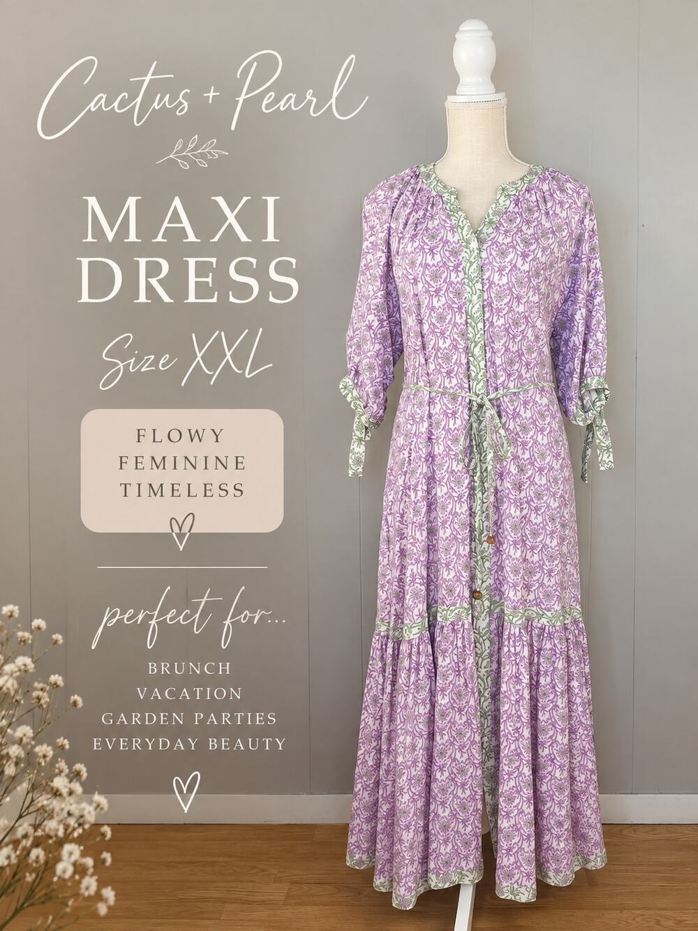 Cactus + Pearl Purple Green Floral Maxi Dress XXL Tie Sleeve Boho Cottagecore